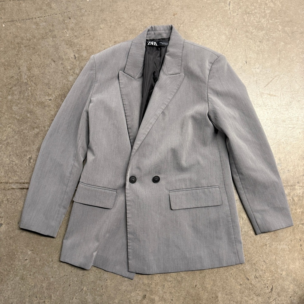 Zara Man Gray Double Breasted Blazer Jacket Peak Lapel Size XS